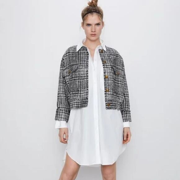 Zara Plaid Tweed Bomber Jacket Size Small - Picture 1 of 10